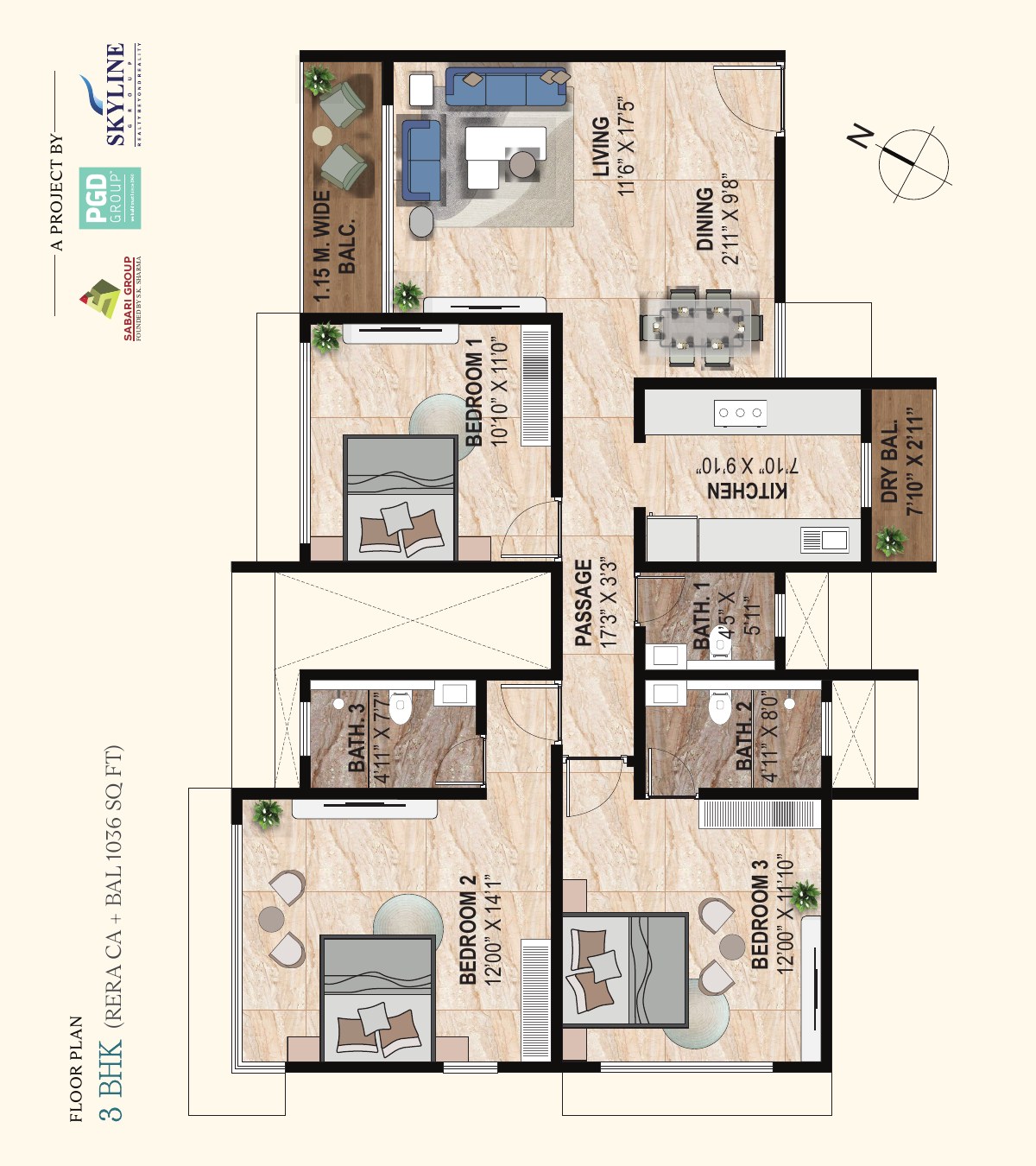 Vasaa Privé 3 BHK floor plan – 1036 sq ft