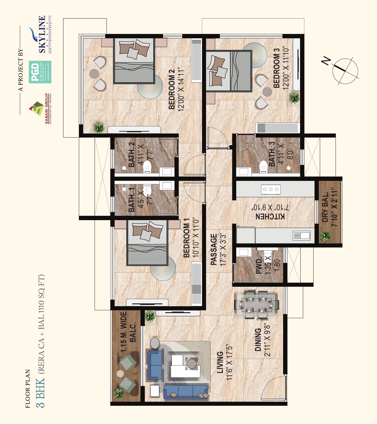 Vasaa Privé 3 BHK floor plan – 1110 sq ft